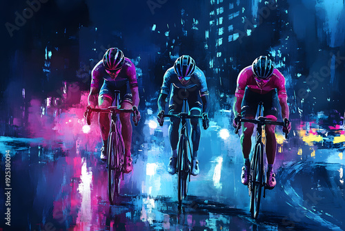 Nighttime Cycling Race with Glowing Lights and Dynamic City Backdrop  