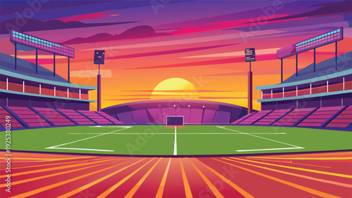 A vibrant sunset over a bustling stadium filled with eager spectators. Vector