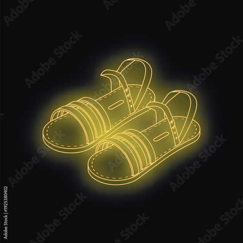Pair of yellow neon sandals glowing on black background, representing summer footwear, fashion, and vibrant nightlife