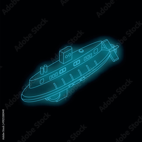 Glowing neon submarine navigating dark ocean depths, showcasing wireframe design