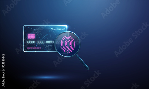 Bank card under magnifying glass with fingerprint. Biometric authentication, secure payment verification, identity check, fraud detection, financial security concept.