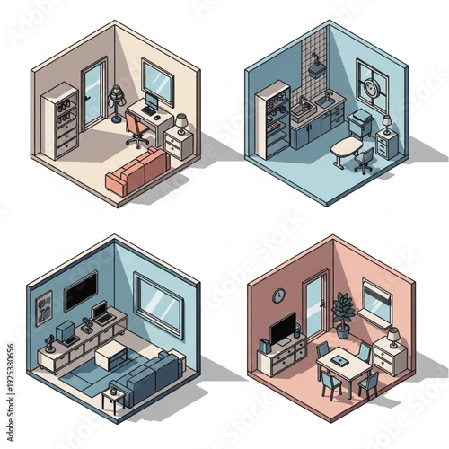 Isometric illustrations of various rooms in a house including living room, kitchen, bedroom, and dining area.