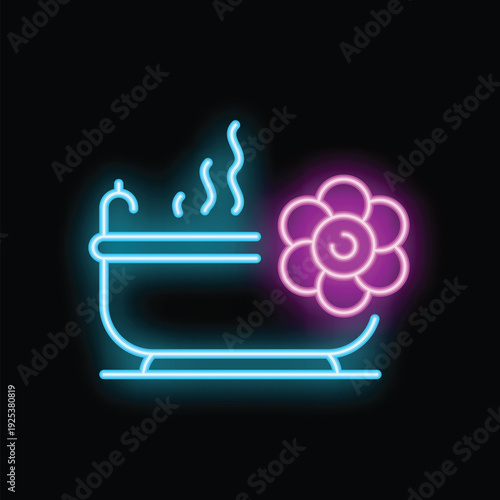 Neon sign of a bathtub with hot steam and flower suggesting a relaxing bath