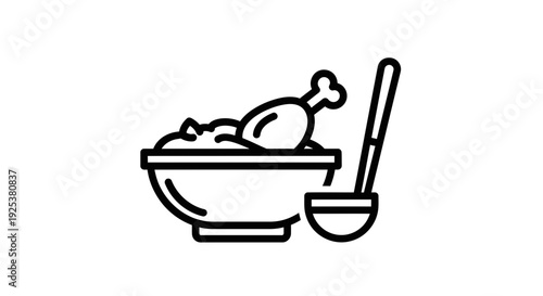 Chicken dish with mashed potatoes and ladle icon, simple line art