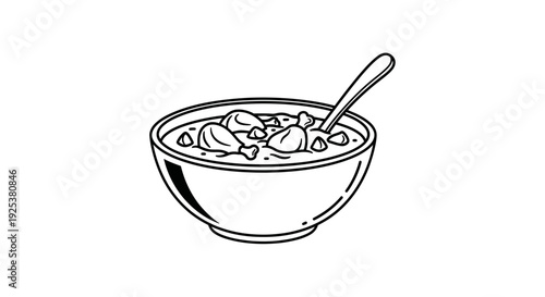 Chicken Stew Bowl with Spoon, Black and White Line Art Illustration