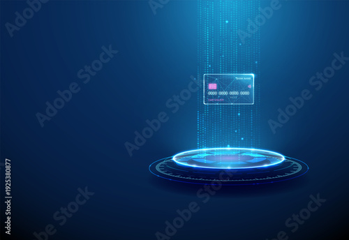 3d bank card on futuristic podium within vertical stream of data points. Fintech innovation, secure financial infrastructure, advanced transaction monitoring concept