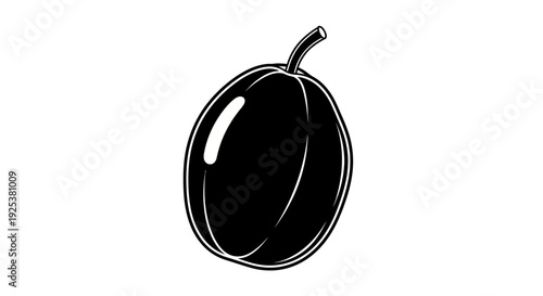 Black Silhouette of a Single Plum Fruit with Stem on White Background
