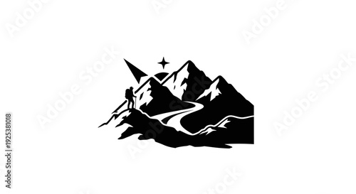 Mountain hiking adventure logo with star and sun, silhouette of climber on peak trail