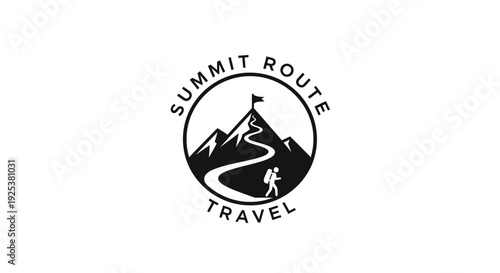 Mountain Summit Route Travel Logo with Hiker and Flag - Adventure Journey Concept