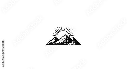 Mountain adventure logo with rising sun, compass, and tent illustration