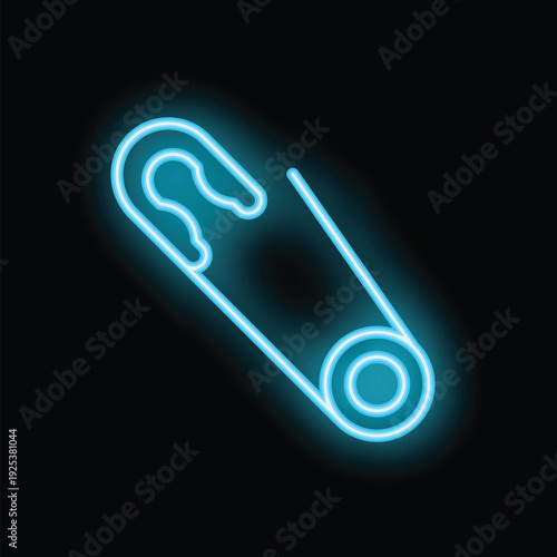Neon blue safety pin is glowing on a black background