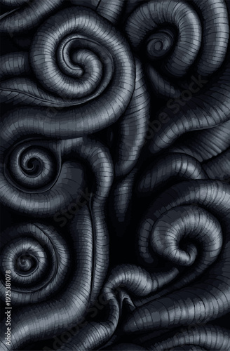 Dark Abstract Background - Organic Coiled Spirals and Twisted Tentacles Texture