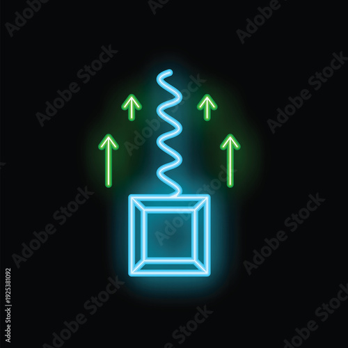 Blue neon cube with spring jumping out surrounded by green arrows pointing up on black background