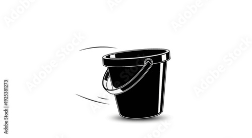 Black Bucket Tipping Over with Motion Lines on White Background