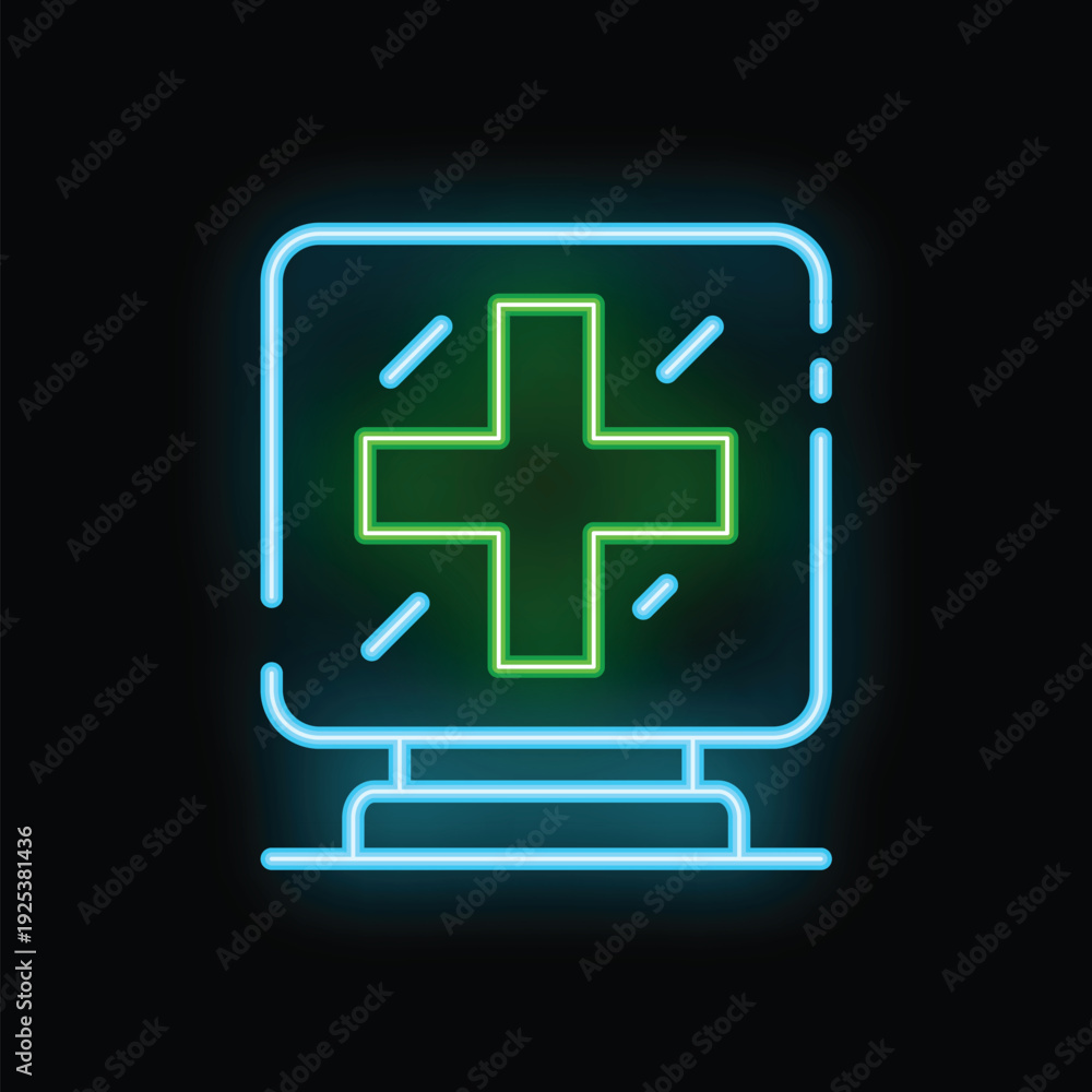 Obraz premium Neon green cross glowing on a monitor screen with black background, perfect for medical and healthcare related designs