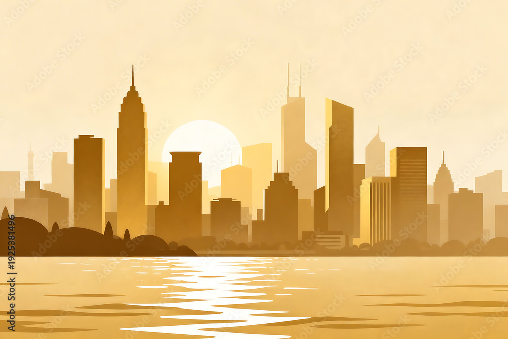 Obraz premium City skyline at sunset with water reflection