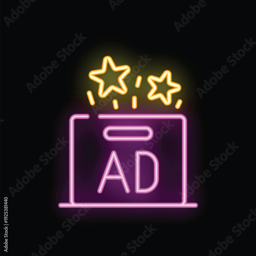 Neon advertisement sign with stars on black background is a vector illustration perfect for light, ad, and star concepts