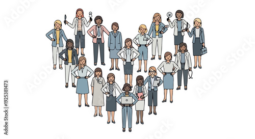 Illustration of a diverse group of business professionals standing in a heart shape with various poses and expressions on a white background.