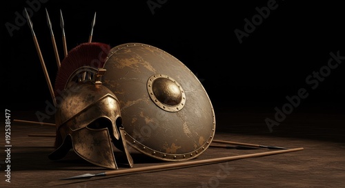 A bronze hoplite helmet rests beside a sturdy wooden shield and several long spear shafts, ready for an ancient battle confrontation ,metal ,preparation ,greek