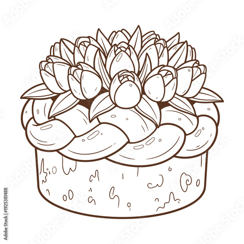 Easter cake with braided crust and floral tulips decor sketch