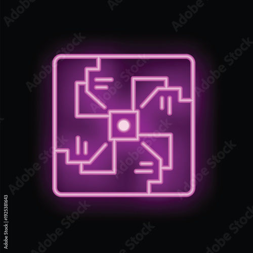 Neon icon of a computer chip glowing on a dark purple background