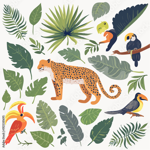 Vibrant jungle illustration featuring a leopard, birds, and lush foliage from an aerial viewpoint