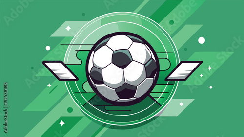 A futuristic soccer ball with a glowing shield and wings in a vibrant green background Vector