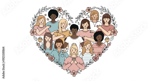 Illustration of diverse women forming a heart shape with hands, surrounded by vines and flowers on a white background with pastel tones and a loving mood.