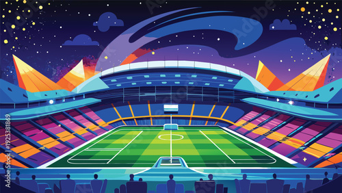 A vibrant stadium under a starry sky with a spectacular light show Vector