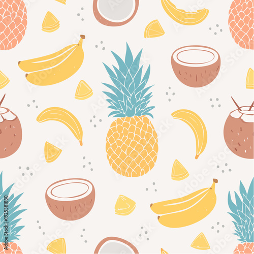 A vibrant illustration of tropical fruits including pineapple, banana, and coconut, arranged in a seamless pattern from a top-down viewpoint