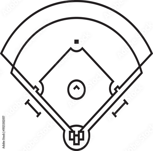 A black and white illustration of a baseball field from a top-down perspective