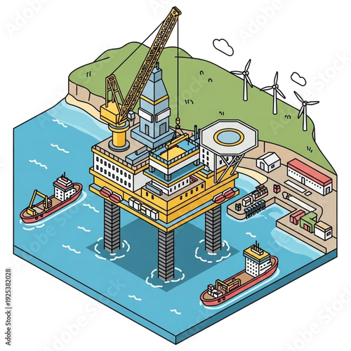 Offshore oil rig platform with wind turbines and support vessels.