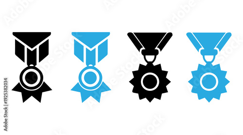 Medal icon set. Approved or certified medal icons. Line, glyph and flat style. Certified, qualified, the best, check mark and number one. Vector illustration