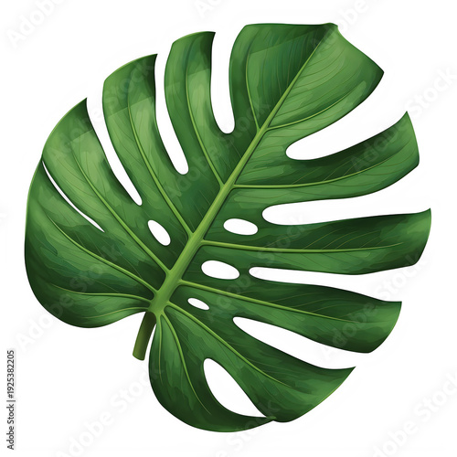 Large green monstera leaf with holes and transparent edges isolated on transparent background