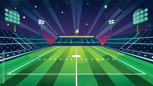 A futuristic sports arena with vibrant lights and a green field ready for action Vector