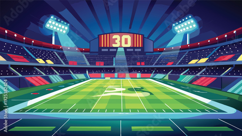 A vibrant soccer stadium filled with cheering fans and illuminated by bright lights Vector