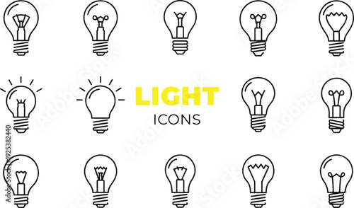 Light Bulb Outline Icon Pack  Simple Idea Lamp Line Art Vector Set Isolated on White