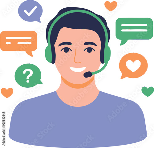 Customer Service Excellence: A friendly and approachable male customer service representative, wearing a headset, is surrounded by communication icons like speech bubbles and hearts.