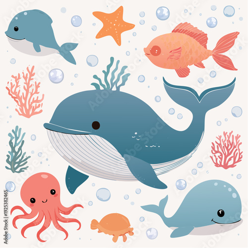 Underwater scene featuring a large whale surrounded by various ocean creatures from different viewpoints