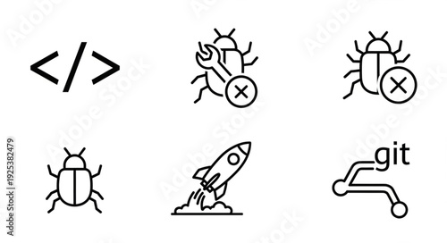 Collection of software development icons including code tags bug fix and rocket launch.