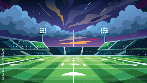 A vibrant and dynamic scene of a nighttime football game under a starry sky Vector