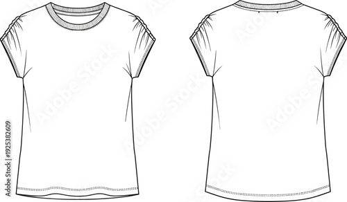 Women Cap Sleeve T-Shirt Technical Flat Sketch Template with Ruched Shoulder Detail Front and Back View White Fashion CAD Design