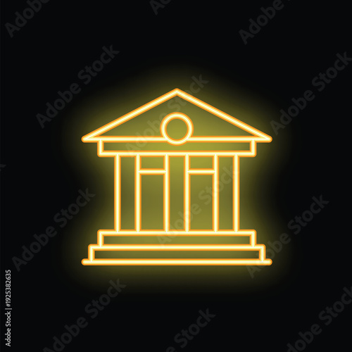 Yellow neon sign representing a courthouse building with columns, ideal for legal or governmental themes