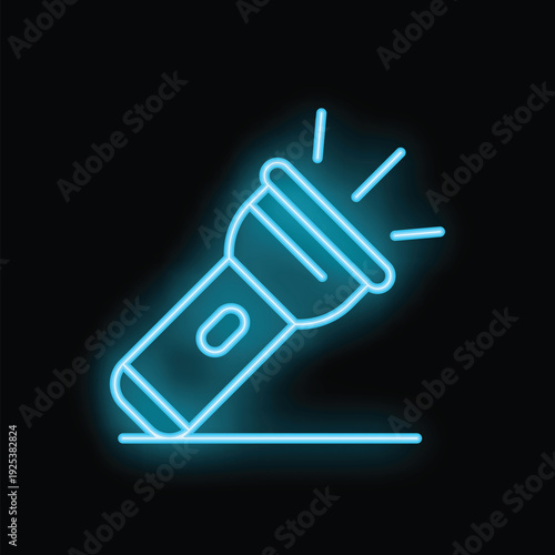 Neon flashlight shining a bright light beam on a black background