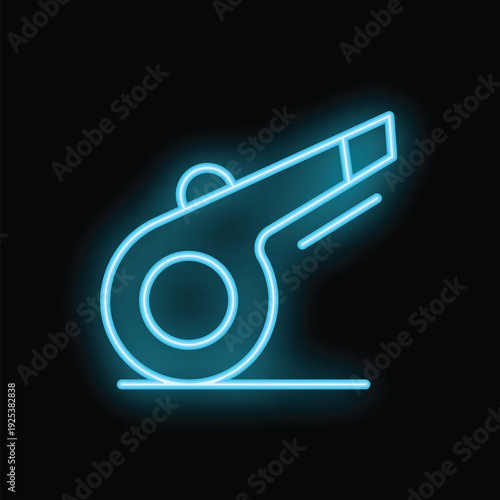 Blue neon whistle icon is glowing against a black background, creating a vibrant and attention grabbing image