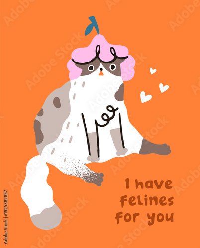 Comic design of Valentine postcard with silly cat in hat flower sitting in funny pose. Greeting card with cute kitty and hearts. Template with kitten, adorable animal. Flat vector illustration.