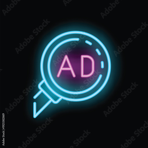 Neon icon of a magnifying glass focusing on the letters ad, representing advertising