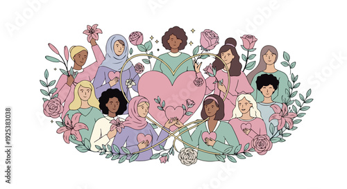 Illustration of diverse women surrounded by flowers and leaves in pastel colors, forming a heart shape with a floral wreath.