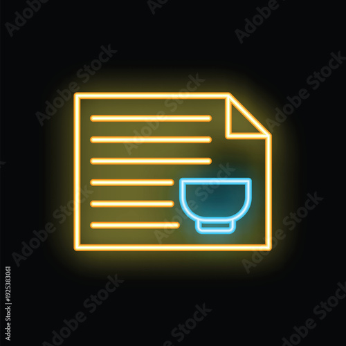 Neon glowing icon of a paper document listing soup ingredients for cooking, a concept of food recipe