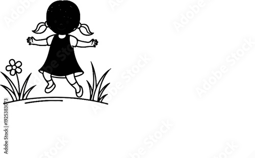 Black and white cartoon of a girl with pigtails happily jumping in a field